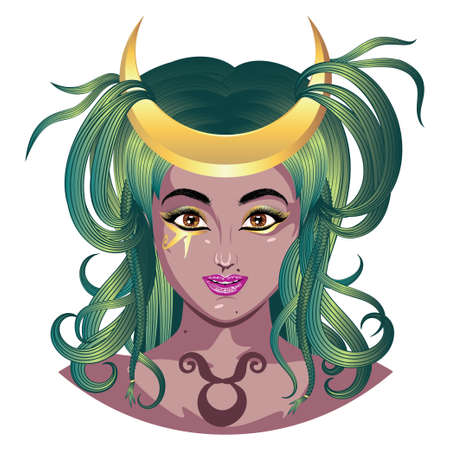 Fantasy Taurus girl with Egyptian style makeup and crescent moon illustration.のイラスト素材