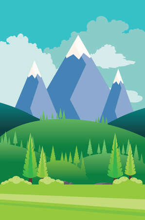 Landscape with green hills and blue mountains illustration.のイラスト素材