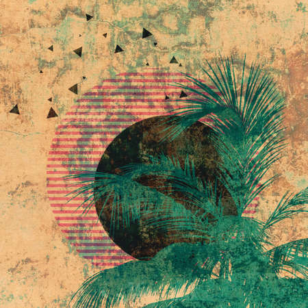 Detailed palm tree tops silhouettes and colorful geometric shapes textured background.の写真素材