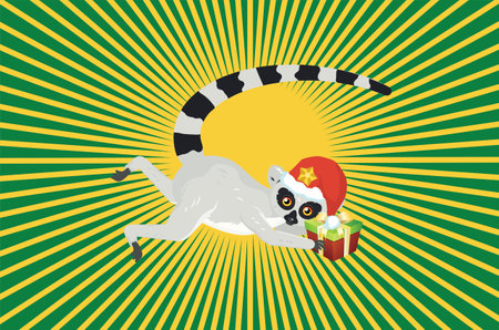 Cute cartoon gray lemur catta wearing Santa hat greeting card illustration.のイラスト素材