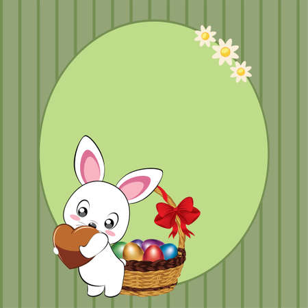 Cute cartoon white bunny, rabbit with colorful Easter eggs greeting card illustration.のイラスト素材