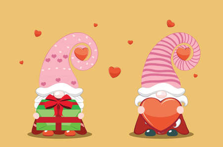 Cute cartoon couple of gnomes with hearts, Valentines day illustration.のイラスト素材