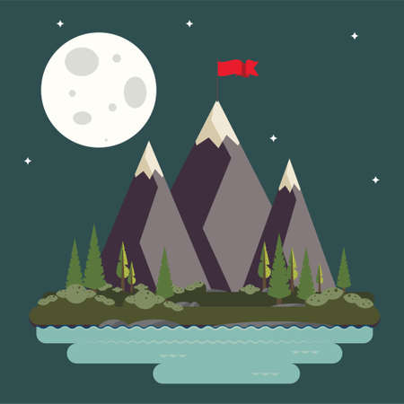 Abstract mountains with red flag on top and green hills, landscape illustration.のイラスト素材