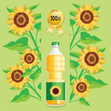Plastic bottle with vegetable sunflower oil with flower, banner illustrationのイラスト素材