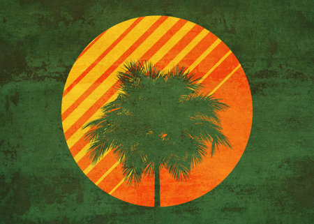 Vintage background with palm tree silhouette grunge textured illustration.の写真素材