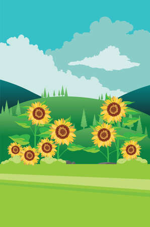 Green summer rural landscape with big sunflowers illustration.のイラスト素材