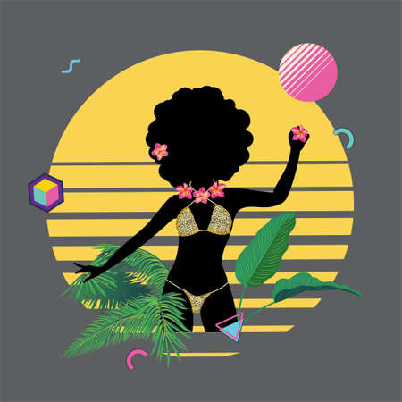 Afro girl in leopard print bikini silhouette with tropical leaves and flowers.のイラスト素材