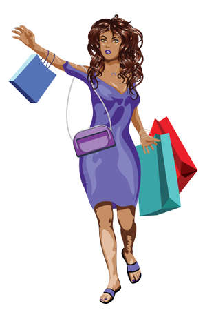 Young woman with brown curly hair in violet dress with shopping bags.のイラスト素材