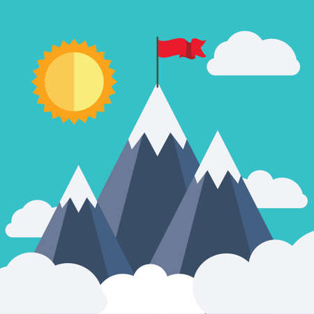 Abstract mountains with red flag on top illustration.のイラスト素材