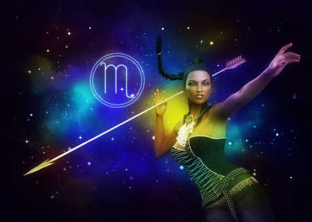 Colorful starry space background and 3d warrior girl with spear, Scorpio zodiac sign.の写真素材