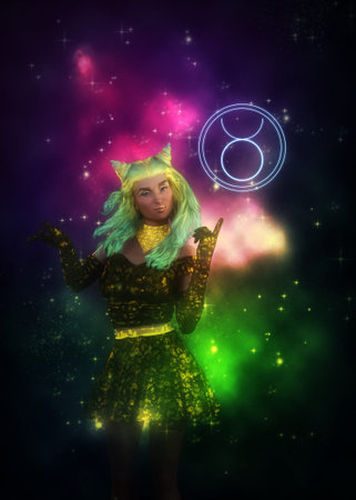 Abstract colorful nebula clouds and 3d girl with green hair as taurus in the starry space...