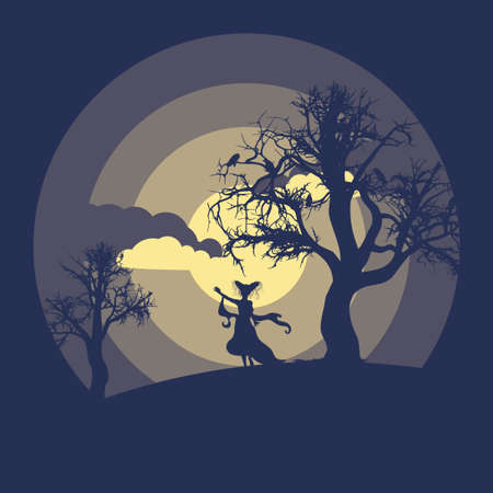 Fantasy girl silhouette near spooky tree, minimalist Halloween poster.のイラスト素材