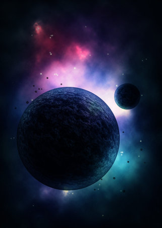 Abstract colorful nebula clouds and planets in the starry space background.