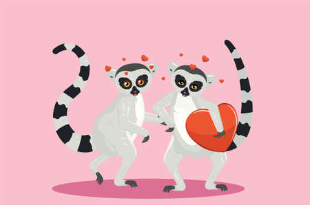 Cute cartoon gray lemur catta couple with big red heart illustration.のイラスト素材
