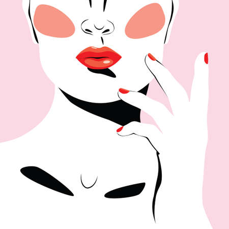 Elegant female face red lips and nails minimalist design illustration.のイラスト素材