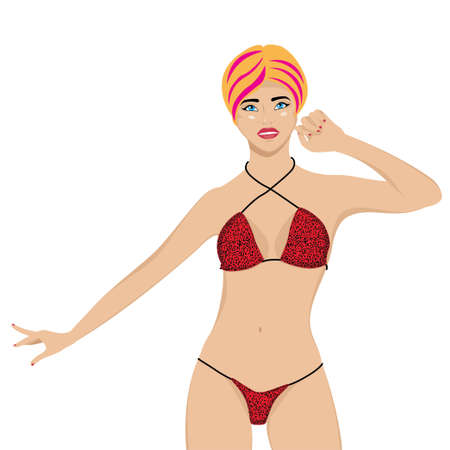 Cartoon blond girl wear leopard print bikini illustration.のイラスト素材