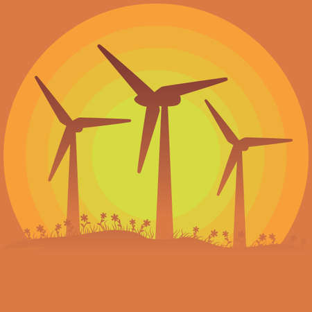 Alternative energy generators wind turbines and grass silhouette at sunset time.のイラスト素材