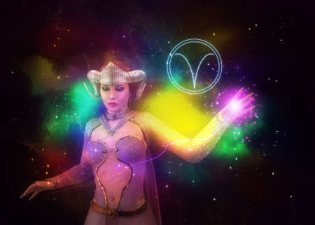 Woman with ram horns crown wear fantasy outfit on starry space background as Aries zodiac sign, 3D Illustration.の写真素材