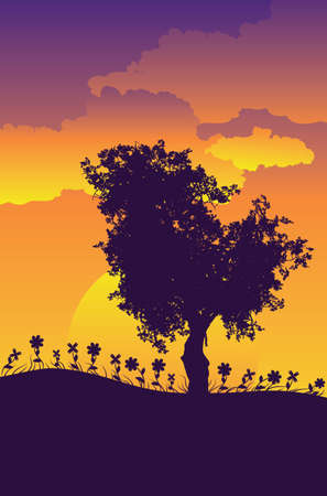 Big tree and grass silhouette at sunset time.のイラスト素材