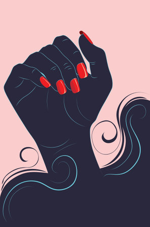 Human hand with red nail polish, silhouette with decorative swirls illustration.のイラスト素材