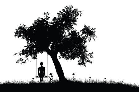 Black silhouette of a girl on a swing under the tree, illustration.のイラスト素材