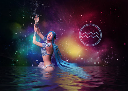 Fantasy girl with blue hair and splashing water as Aquarius zodiac sign, 3D Illustration.の写真素材