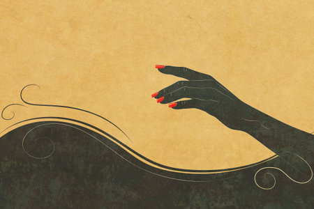 Human hand with red nail polish, silhouette with decorative swirls textured illustration.の写真素材