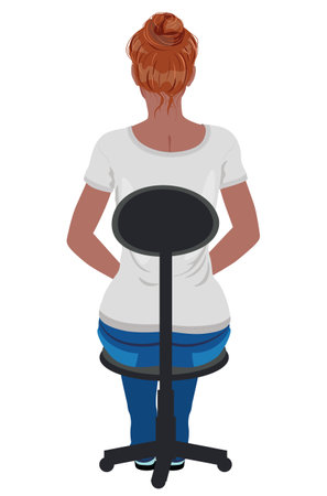 Back view of sitting woman in casual jeans and gray t shirt illustration.のイラスト素材