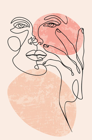 Elegant female face with hand, abstract contemporary portrait line art illustration.のイラスト素材
