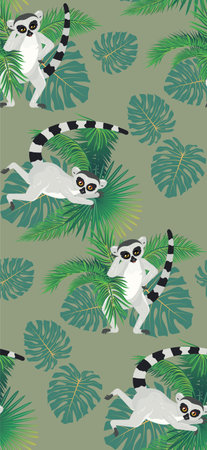 Cartoon gray lemur catta with tropical leaves pattern illustration.