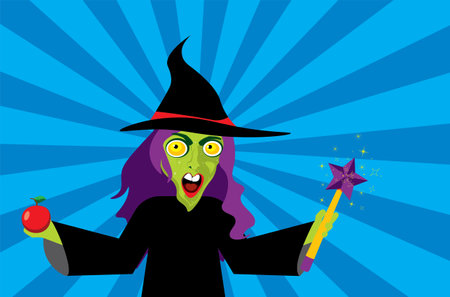 Spooky green witch with purple hair and red apple in one hand and magic wind in another.のイラスト素材