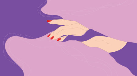 Human hand with caucasian skin and square nails covered with red polish over decorative geometric shapes.のイラスト素材