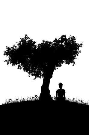 Black silhouette of a girl sit under the tree illustration.のイラスト素材