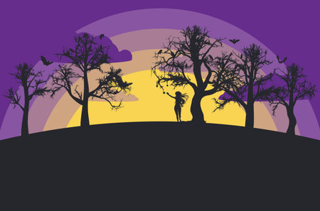 Fantasy girl silhouette near spooky tree, minimalist Halloween poster.のイラスト素材