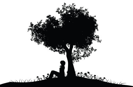 Black silhouette of a girl sit under the tree illustration.のイラスト素材