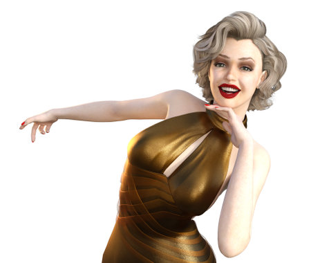 Platinum blonde woman wear retro fashion golden dress, 3D Illustration.の写真素材