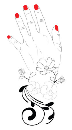Female hand with red nail polish and flower line art illustration.のイラスト素材