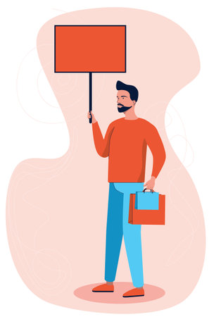 Young man with red banner and shopping bags, flat style illustration.のイラスト素材