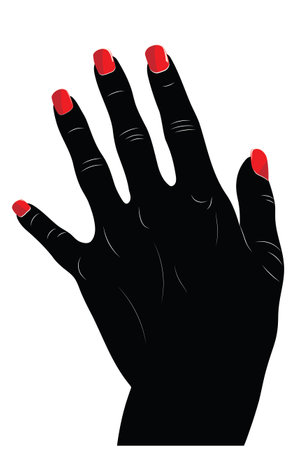 Human hand with red nail polish, black silhouette with white line art.のイラスト素材