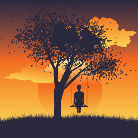Abstract silhouette of a girl on a swing under the tree at sunset time, illustration.のイラスト素材