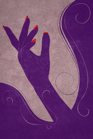 Human hand with red nail polish, silhouette with decorative swirls textured illustration.の写真素材