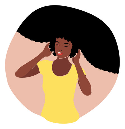 Young woman with dark skin and curly hair wearing yellow t-shirt illustration.のイラスト素材