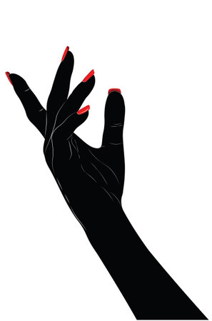 Human hand with red nail polish, black silhouette with white line art.のイラスト素材