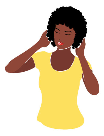 Young woman with dark skin and curly hair wearing yellow t-shirt illustration.のイラスト素材