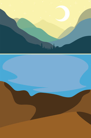 Colorful night landscape with mountains and lake, minimalism style.のイラスト素材