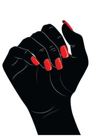 Human hand with red nail polish, black silhouette with white line art.のイラスト素材