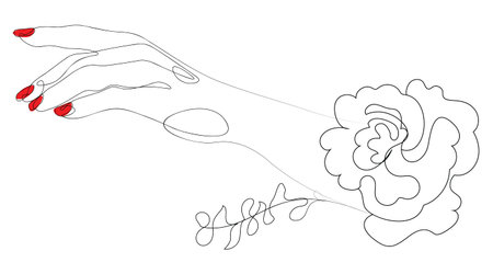 Female hand with red nail polish and flower single line illustration.のイラスト素材