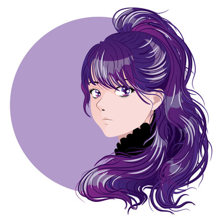 Cartoon girl in anime style with purple hair and eyes.のイラスト素材