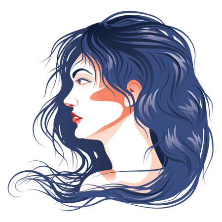 Female portrait in profile with blue wavy hair illustration.のイラスト素材