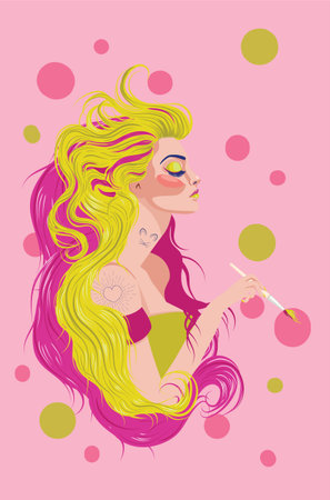 Stylish girl with long hair of pink and yellow color holding paintbrush.のイラスト素材